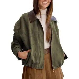 Faux Suede Bomber Jacket Casual Lapel Pilot Cropped Jackets Oversized Motorcycle Zip Up Outerwear Coats