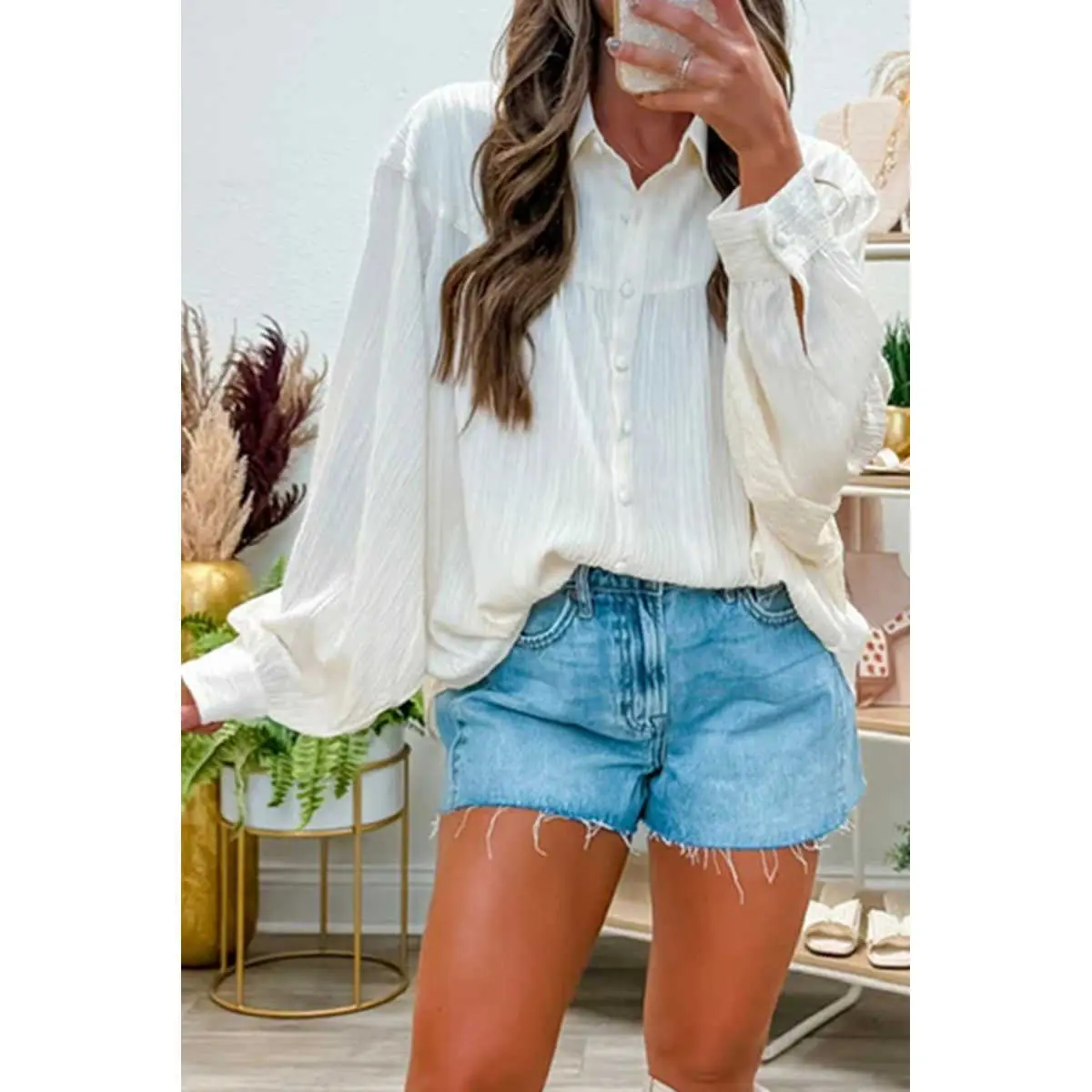 Women's Chic Crinkled Texture Balloon Lantern Long-Sleeve Twist Button-Down Loose-Fit Casual Blouse