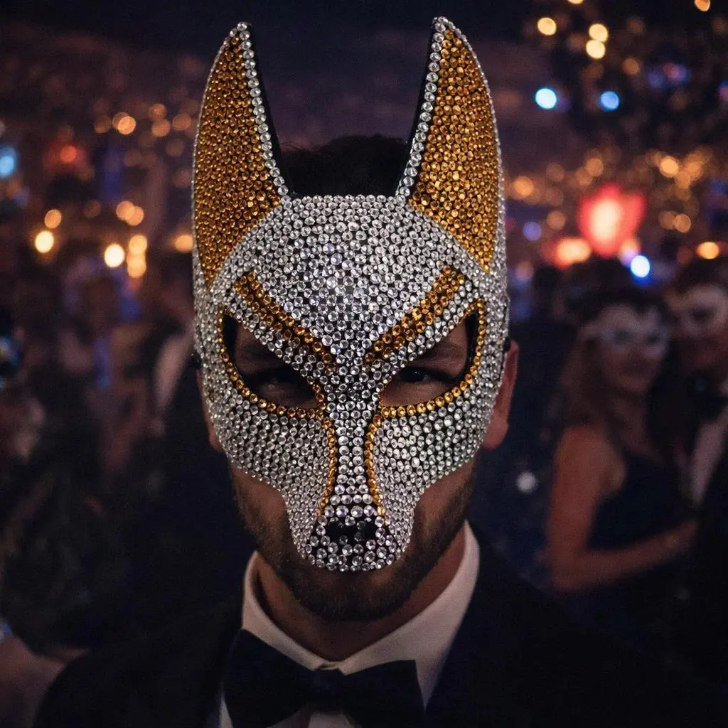Luxury Rhinestone Wolf Mask, Shiny Animal Half Face Mask for Masquerade Ball, Halloween Party and Costume Events