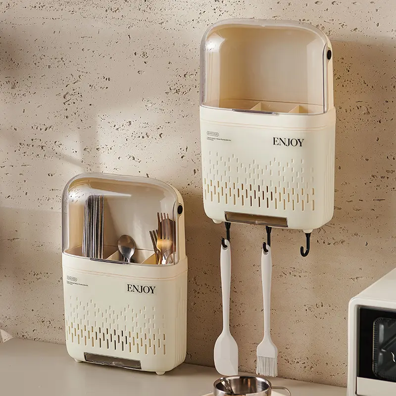 A dustproof kitchen trash can with a lid, wall-mounted multifunctional garbage storage box, utensil storage and organizer box