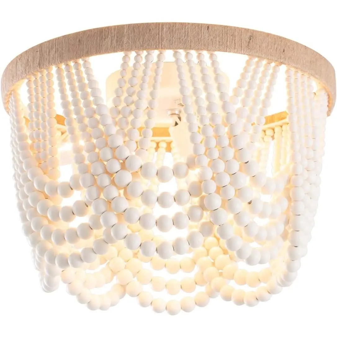 Bohemia Wood Beaded Flush Mount Ceiling Light Antique Rustic Mini Chandelier White Finishing for Bedroom, Nursery Room, Girl Room, Hallway, Entryway, Passway, Dining Room, 3-Light UL Listed