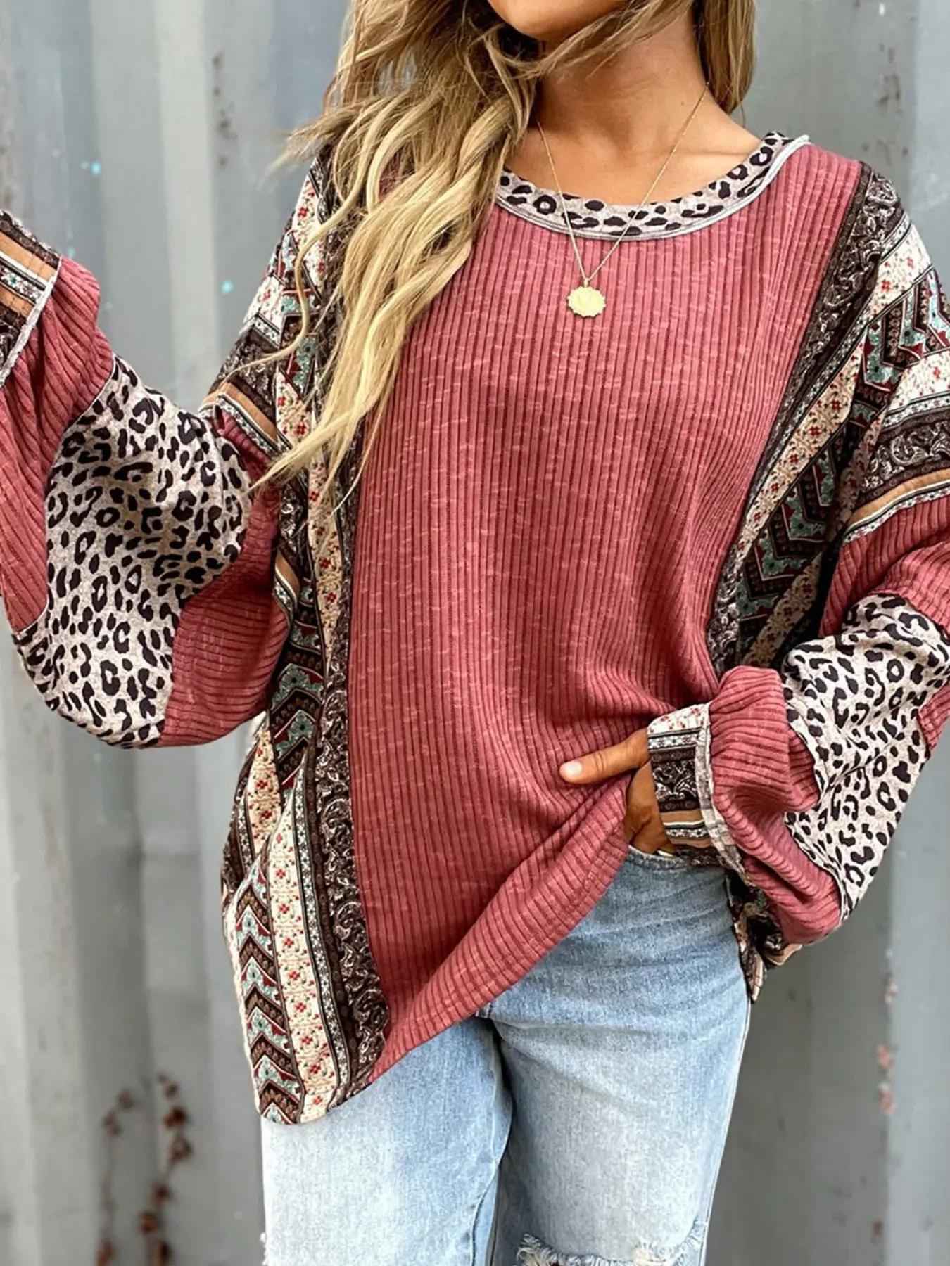 Women's Leopard Print Colorblock Long Sleeve Top, Boho Lantern Sleeve Casual Shirt, Round Neck Loose Fit Hoodie/jumper