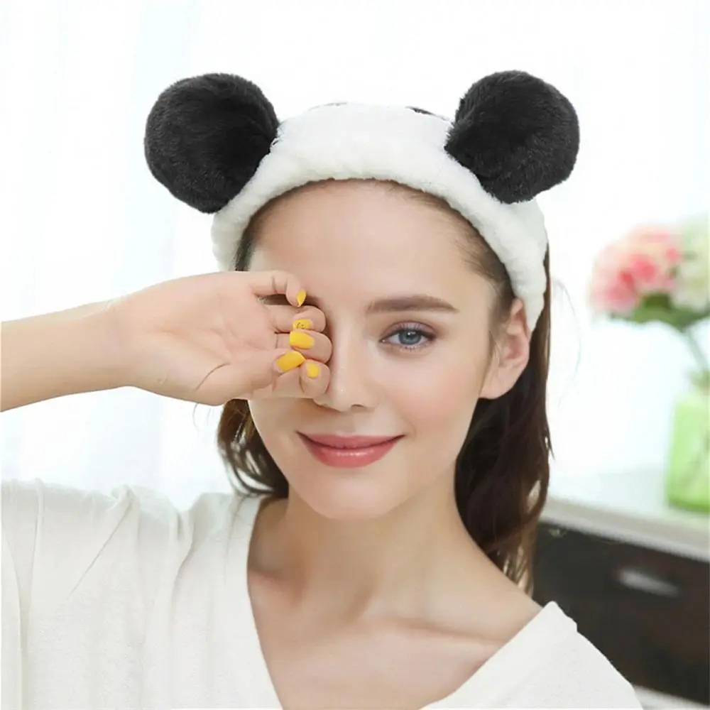 1pc Cute Panda Ear Coral Fleece Headband Women Makeup Shower Hairband Elastic Hair Bands for Girls Washing Face Turban