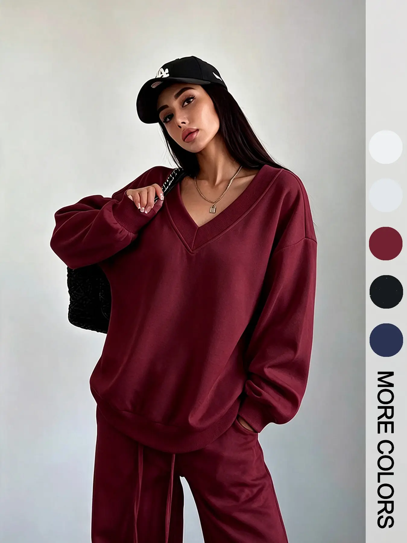 Loose V-Neck Drop Shoulder Sweatshirt and Lounge Set for Women, Casual Autumn Wear, Comfortable Material for Daily, Work, and Home