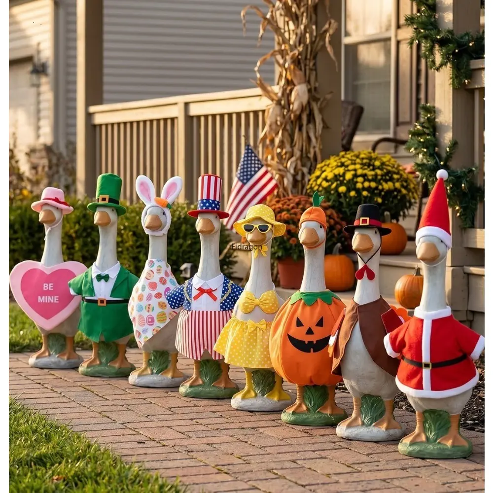 8-Set Holiday Porch Goose Outfits Bundle, All-Seasons Statue Figurine for Multiple Holidays Porch Decoration