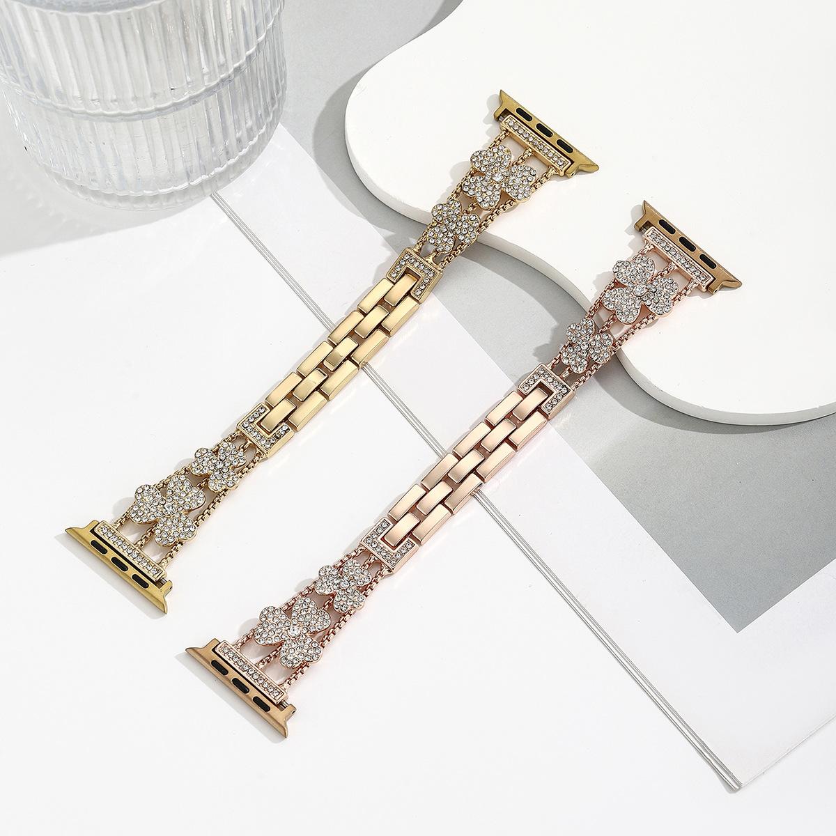 Clover Rhinestone Apple Watch Band – Luxury Jewelry Strap for 38–45mm (Series 1–10, SE), Elegant Women’s Design