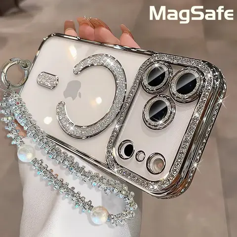 Bling MagSafe Compatible Phone Case, Luxury Sparkle Diamond Rhinestone Protective Cover with Camera Lens Protection & Pearl Chain Strap, Clear Glitter Magnetic For iPhone 17 16 15 14 13 12 Pro Max Plus Air, Women & Girls Gift