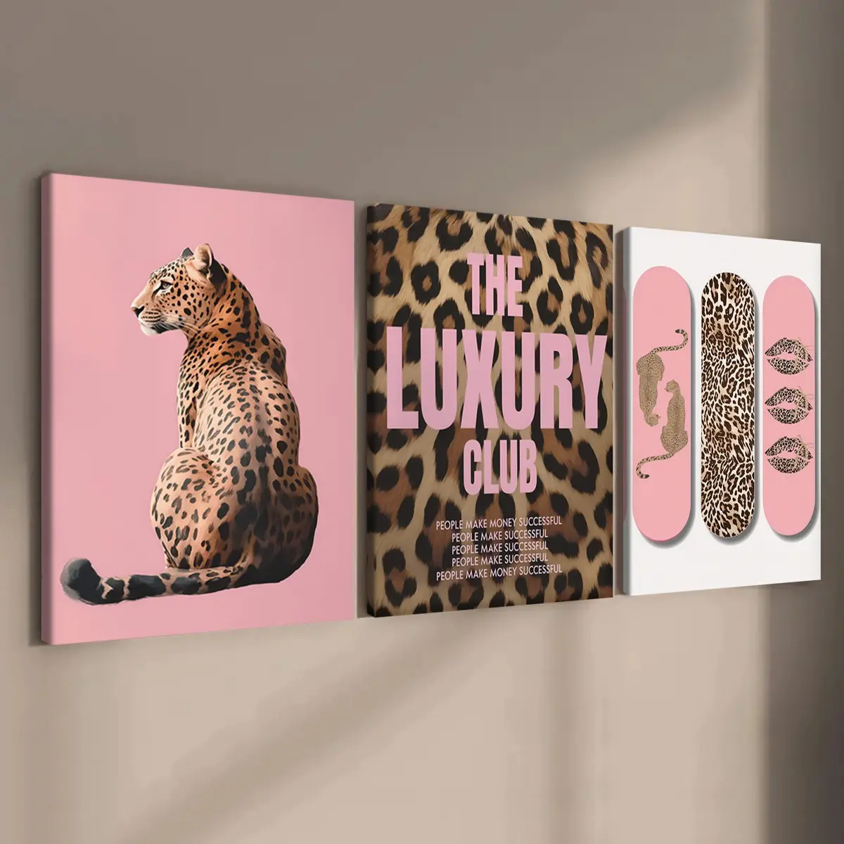3-count wooden frame canvas, LUXURY CLUB text leopard print element light luxury art poster, perfect living room decoration, modern art, fashionable family poster, suitable for corridor, office and bedroom wall art, waterproof