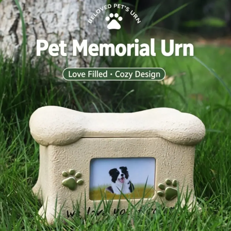 Pet Memorial Ash Box, Bone and Fish Shapes, Photo Frame Included, Detailed Paw Print Embossing, Moisture Proof, Keeps Pet Memories Alive