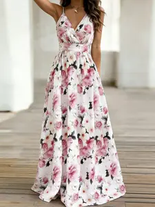 Floral Print V-Neck Maxi Dress, Slim-Fitting Long Sleeve, Elegant Split Thigh Design, Perfect for Beach Vacations & Romantic Outings