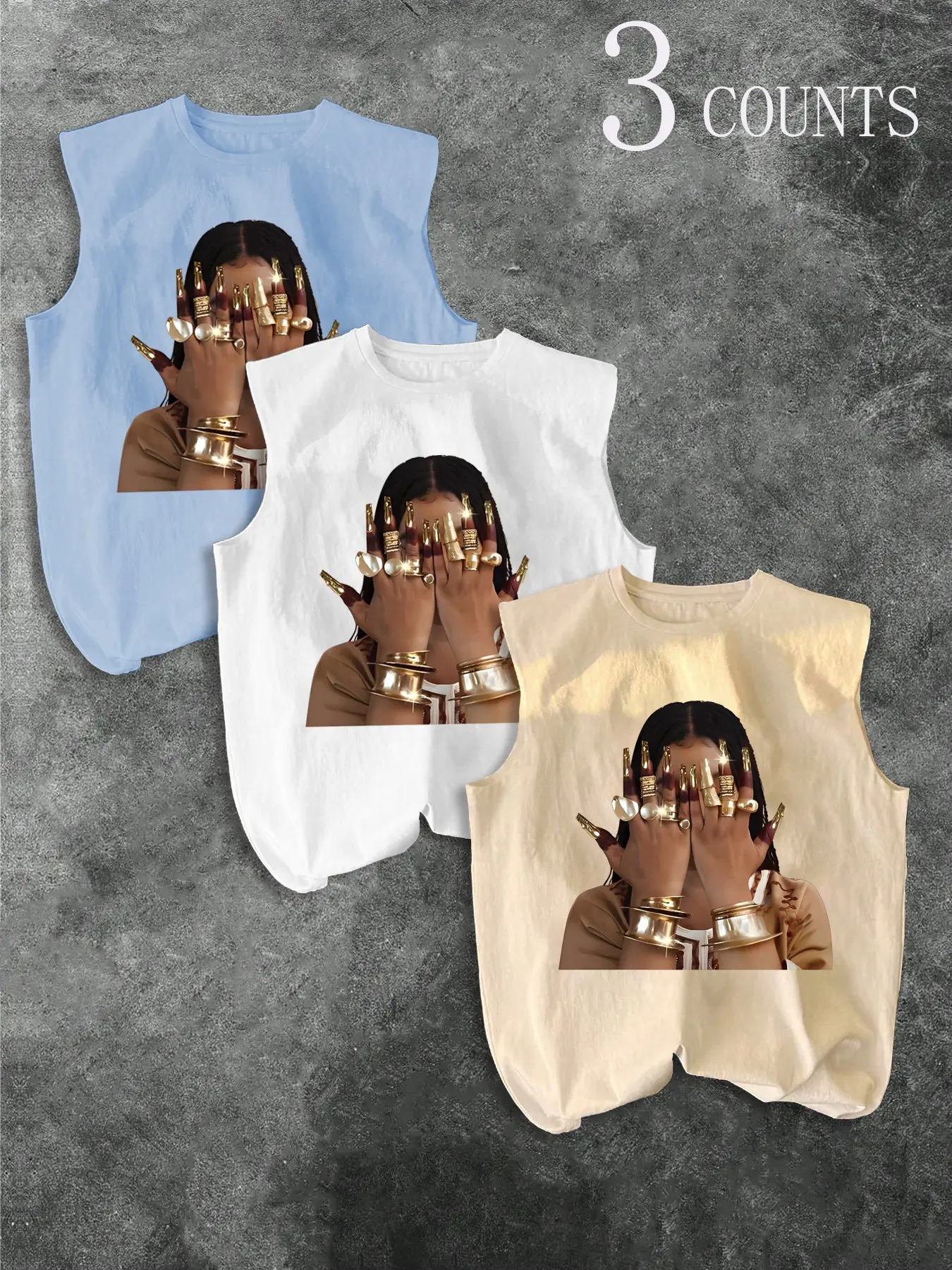Men's Three-Piece Trendy Casual Sleeveless Vest Set, Face-Wiping Woman Print, Perfect for Summer, Vacation, Friend Gatherings, Tank Top Pack