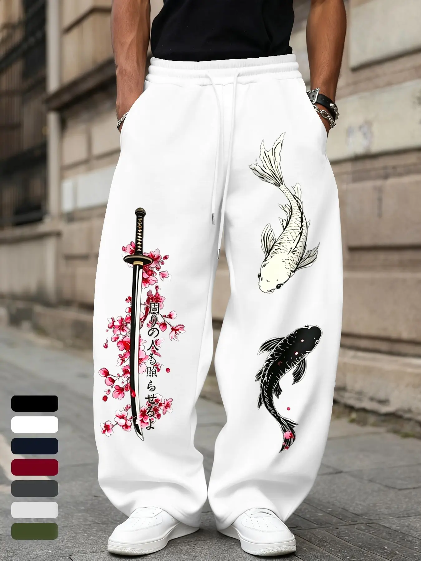 Men's Cherry Blossom Samurai Sword Koi Japanese Print Drawstring Wide Leg Oversized Baggy Sweatpants, Casual Loose Fit Long Pants