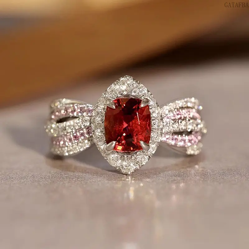 French Romantic Pink Diamond Women Ring, Luxurious Marquise Zircon Finger Jewelry for Ladies
