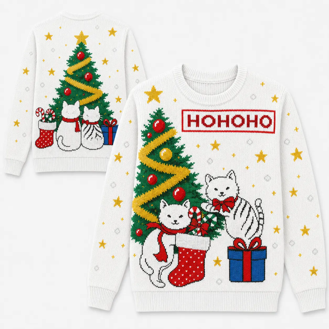 Women's Christmas Cat Knitwear - Long Sleeve Comfortable Crewneck Pullover with Christmas Tree Kitten Graphic, Everyday Winter Xmas Outfit, Festive Holiday Party Wear, Cat Lover Gift for Her