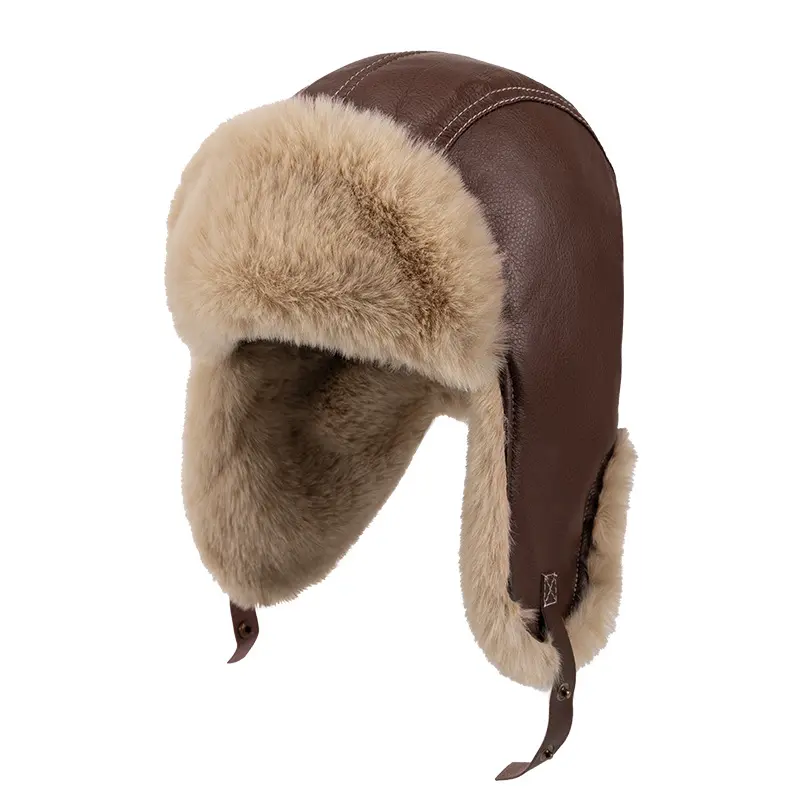 2026 Winter Vintage Pilot Aviator Trapper Hat Unisex Motorcycle Biker Faux Leather Hat Thick Fleece Lined Ear Flap Windproof Thermal Warm Outdoor Sports Winter Cap