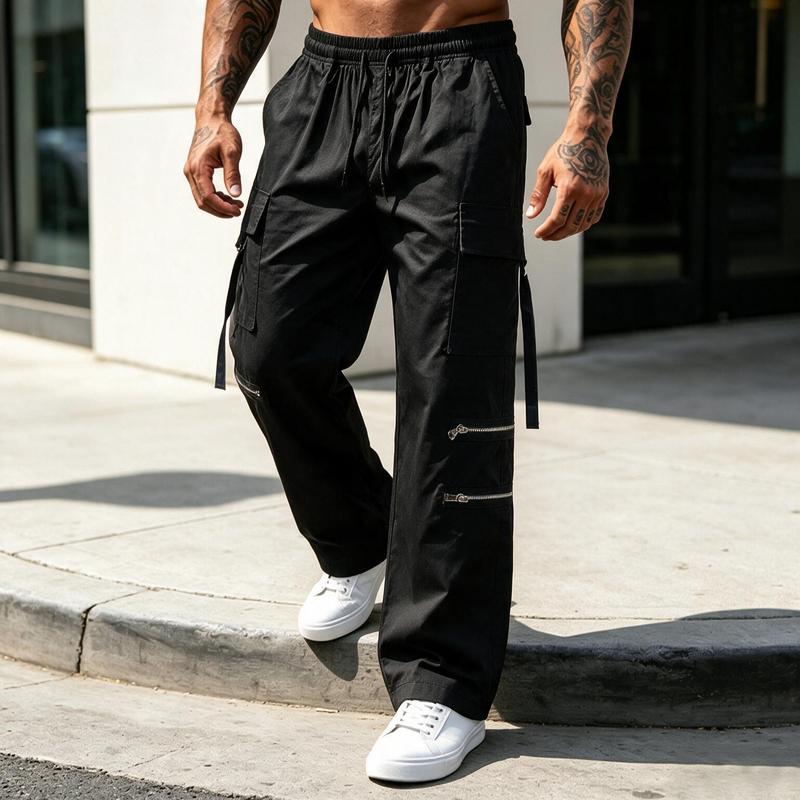 Men's Wide Leg Cargo Pants, Streetwear Drawstring Elastic Waist Multi-Pocket Utility Trousers with Decorative Zipper Details & Hanging Straps for Daily Casual Street Style