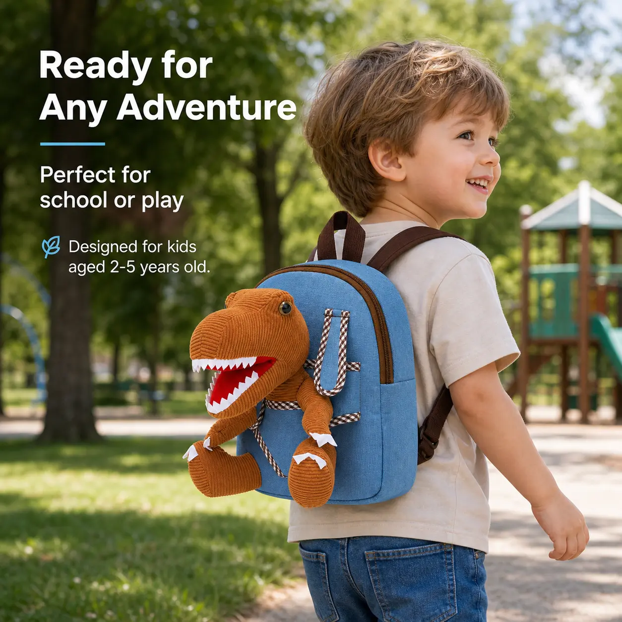 Unisex Kids' Blue Polyester/Nylon Canvas Daypack - Toddler-Fit Cute Cartoon Bag with Removable Dinosaur T-Rex Stuffed Toy, Christmas Preschool & Outdoor Use