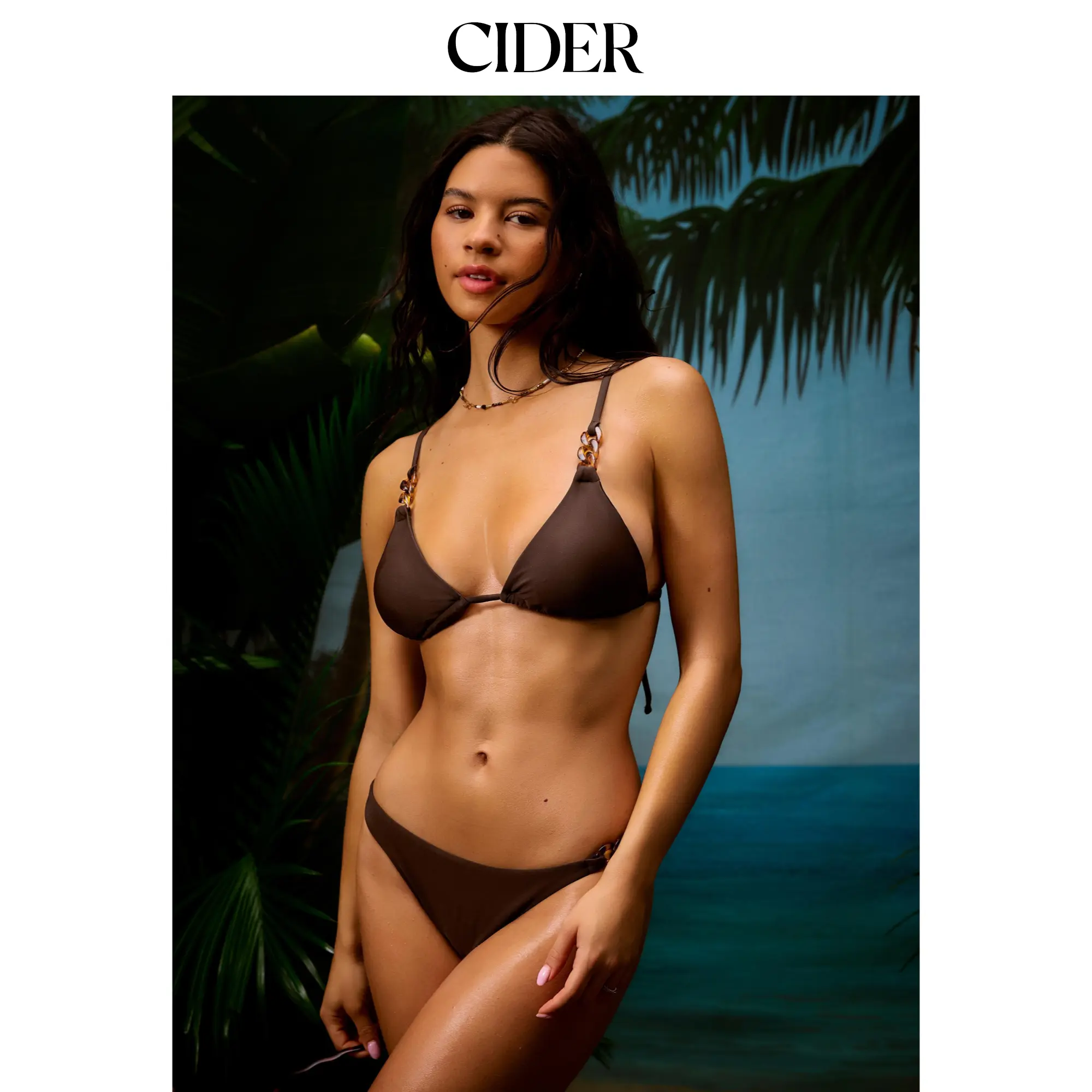 Cider High Stretch V-neck Triangle Bikini Set With Tortoiseshell Chain Detail