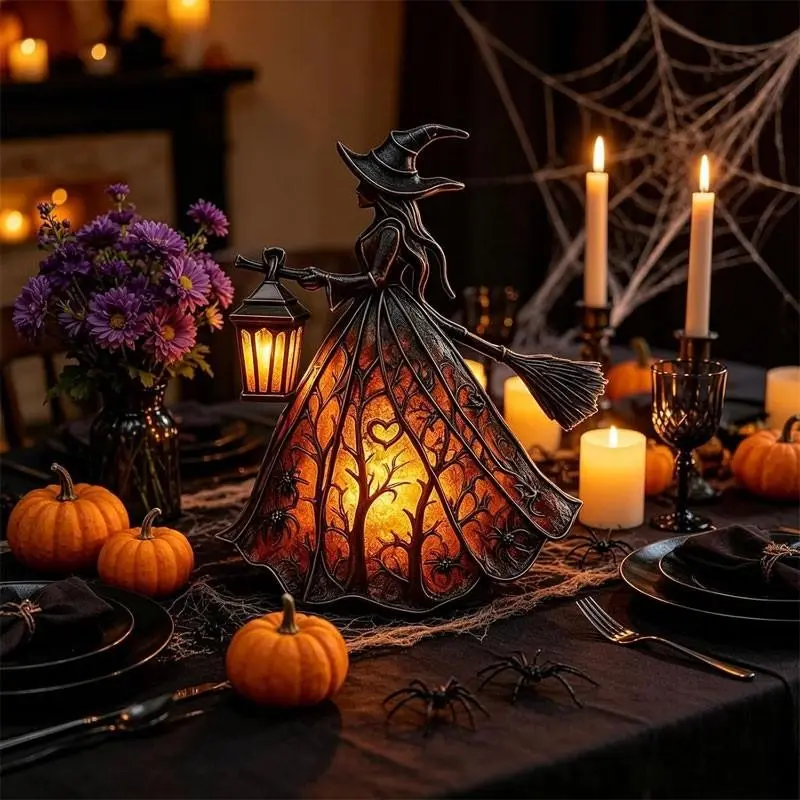 Halloween Witch Lantern - Gothic-style eerie witch decoration lamp, a terrifying decorative standing night light with a lantern, USB interface, suitable for home, porch, desktop and bedside cabinet decoration