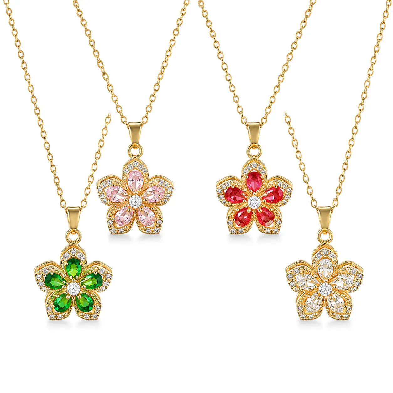 Women's Rotating Flower Necklace - Gold-Tone Whimsical Floral Pendant with Colorful Teardrop Crystal Stones, Delicate Droplet Pendant Necklace, Spring Jewelry Gift
