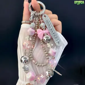 Luxury Iridescent Marble Beaded Wrist Strap Keychain, Rhinestone Anti-Lost Phone Number Tag Bow Pendant Phone Charm, Detachable Rhinestone Key Ring, Ideal For Cell Phone Case, Handbag Decoration And Car Key Accessory For Women,Beach vacation,Summervibes