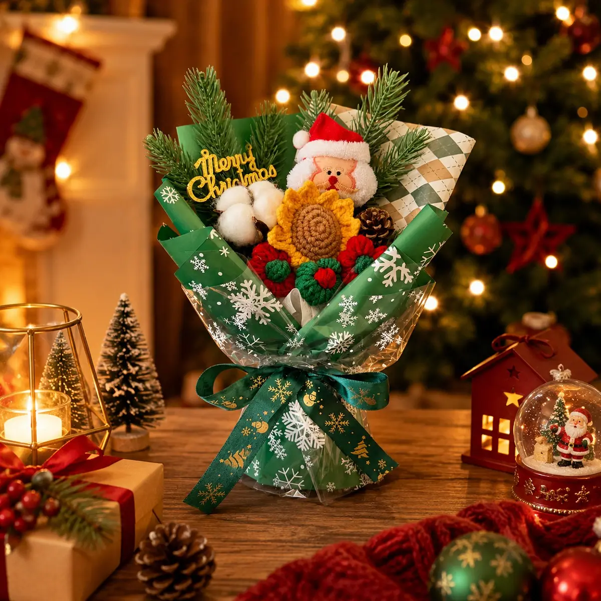 Handmade Crochet Santa Claus Bouquet, Knitted Artificial Flower Bouquet with Gift Bag, Christmas Party Gift, Festive Decoration