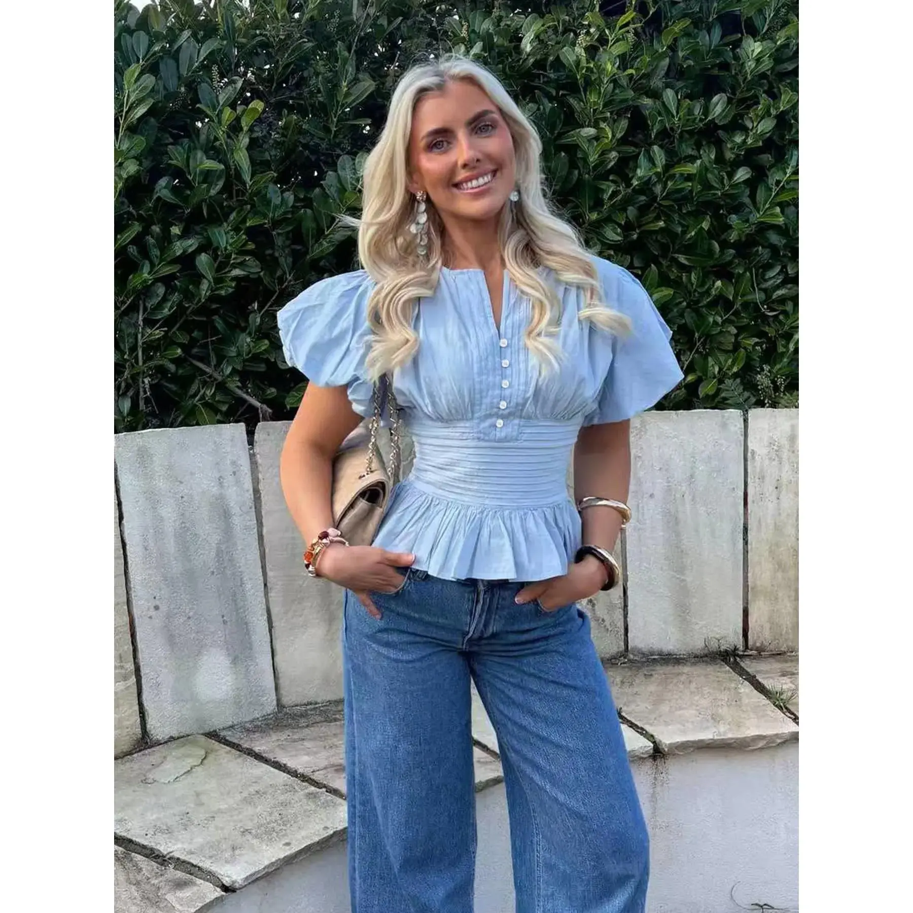 Women Light Blue Puff Sleeve Peplum Blouse Front Button Detail Pleated Chest Elastic Waist, Ruffled Hem, Soft Breathable Fabric Coquette Aesthetic Flattering Slimming Fit Casual Daily Wear Office Casual Blouse
