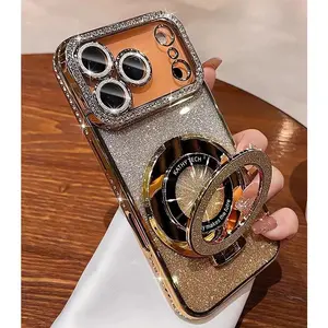 Bling Diamond Magnetic Stand Case for iPhone 17 Pro Max, [Comatible with Magsafe], Luxury Cute Sparkly DIY Glitter Card Camera Protector Women Girls Soft Phone Case Cover for 17 Pro Max, Gold