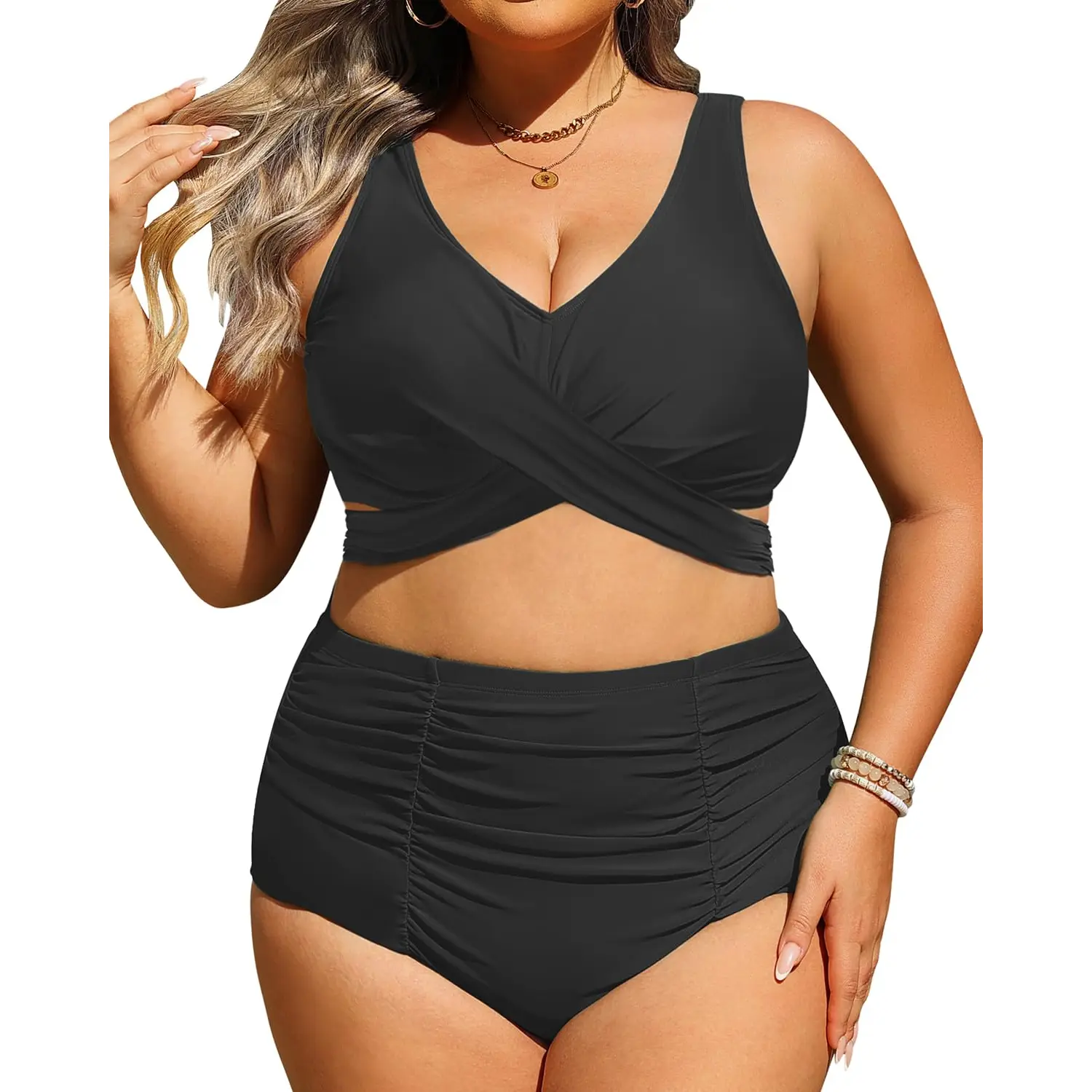 Yonique Women Plus Size High Waisted Bikini - Two Piece Swimsuit Tummy Control Bathing Suit Wrap Tie Back Swimwear