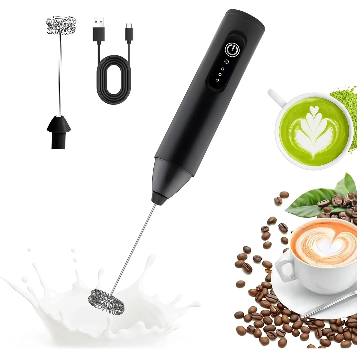 Milk Frother for Coffee – Handheld Electric  Maker with Stainless Steel Whisk, Portable & , Drink Mixer Handheld Electric Stirrer for Latte, Cappuccino, Matcha, Almond Milk, Protein
