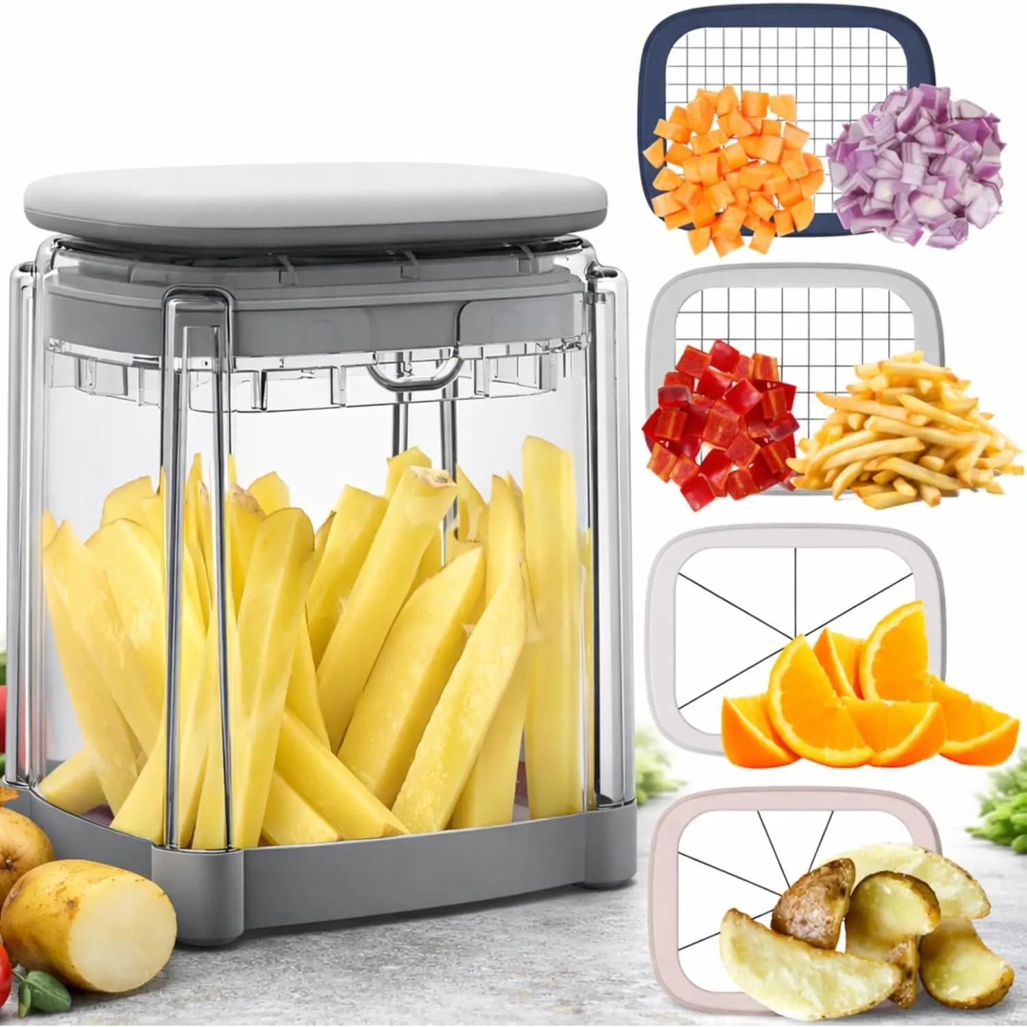 GMOX Kitchen All-in-1 French Fry Cutter - Durable Vegetable Slicer, Multi-Functional Dicer with 4 Interchangeable Blades, Food Chopper with Container, Manual Tool for Onions, Salads