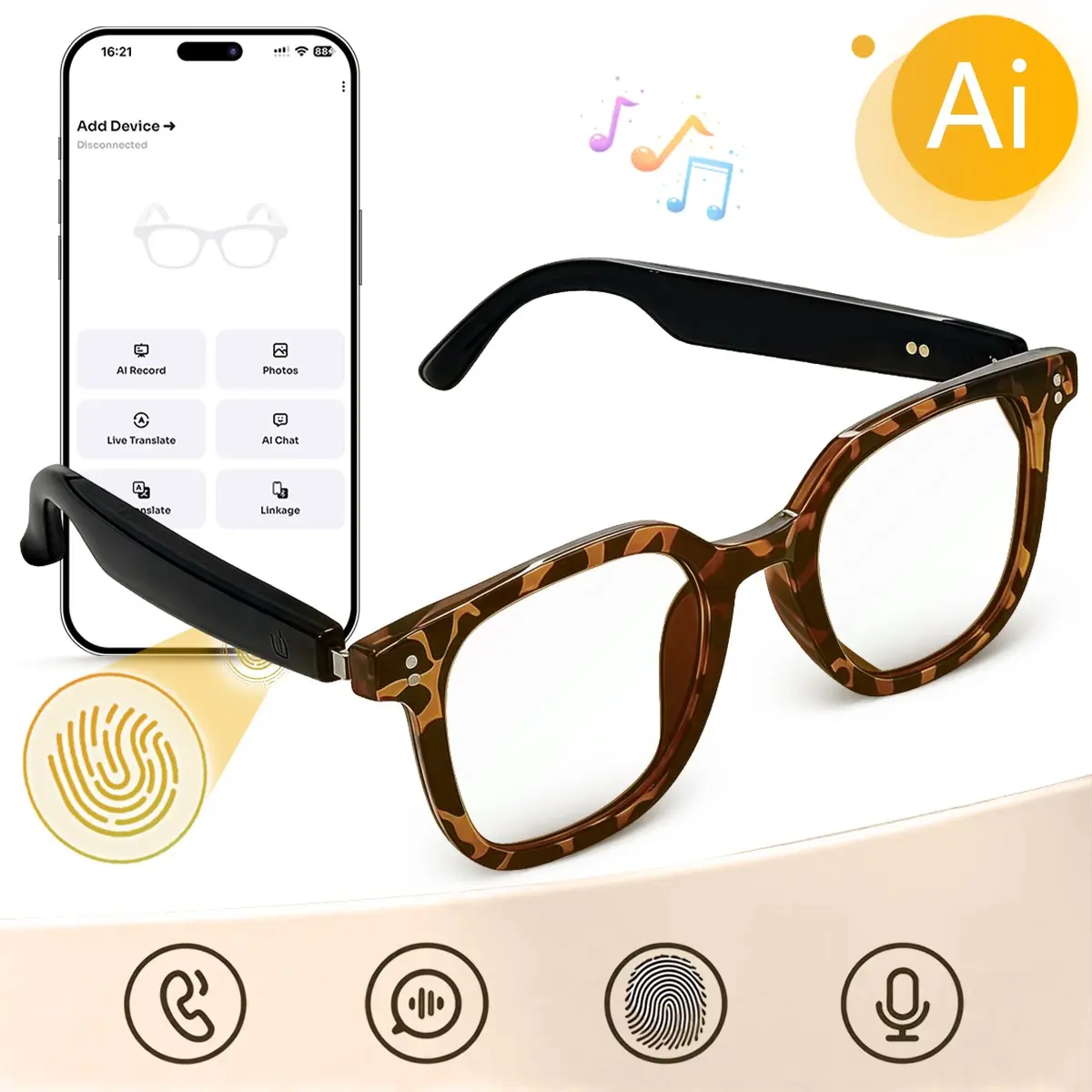 AI Translation Smart Glasses with Bluetooth Open-Ear Audio, Remote Photo Capture, Smart Touch Control, Hands-Free Calls, UV Protection Tortoise Shell Sunglasses for Driving, Beach, Travel & Daily Wear