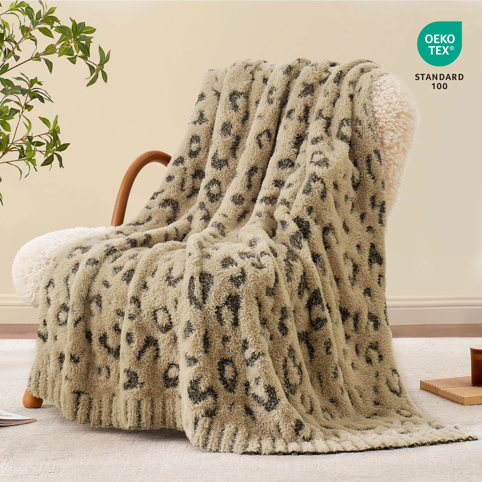 Snuggle Sac Fall Checkered Throw Blanket Faux Fur Microfiber Blankets for Couch, Leopard Blanket, Cozy Soft Warm Blanket for Sofa Bedroom Living Room,Beige Checker,50x60 inches