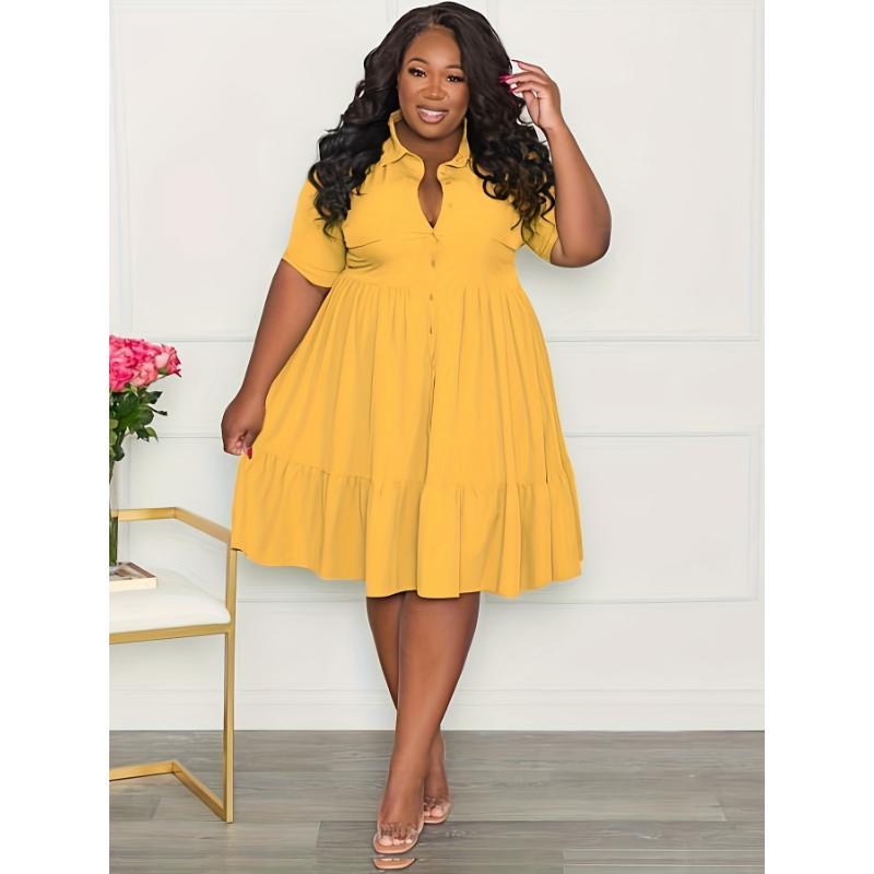Casual Plus Size Solid Short Sleeve Dress - Ruffle Hem Dress For Spring & Summer Women's Clothing