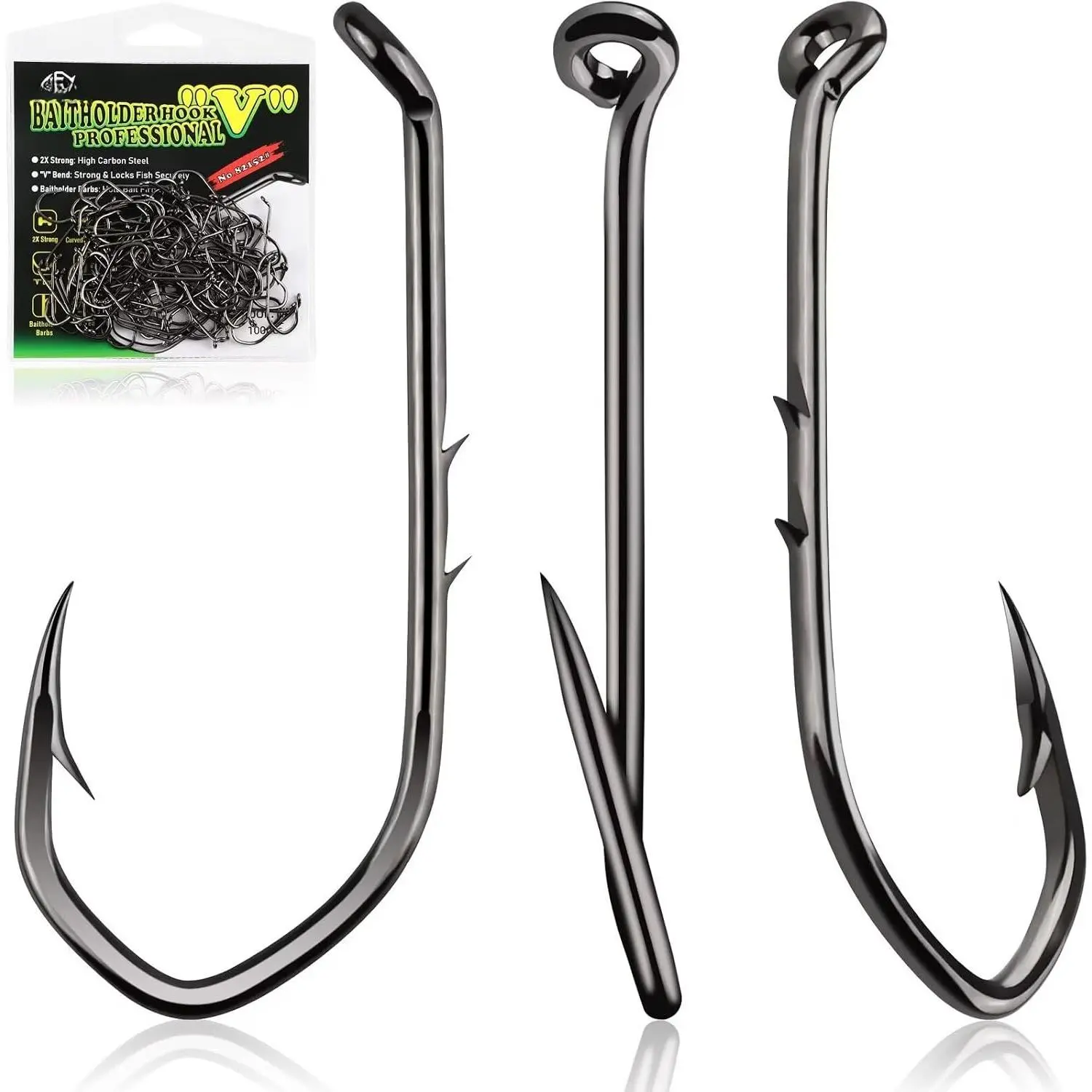 Baitholder Fishing Hooks Saltwater Freshwater 100/80/70/60pcs Professional V  Holder Hooks for Bass Trout Crappie Soft Live Baits Black Red with Size 1 2 4 6 8 1/0-6/0