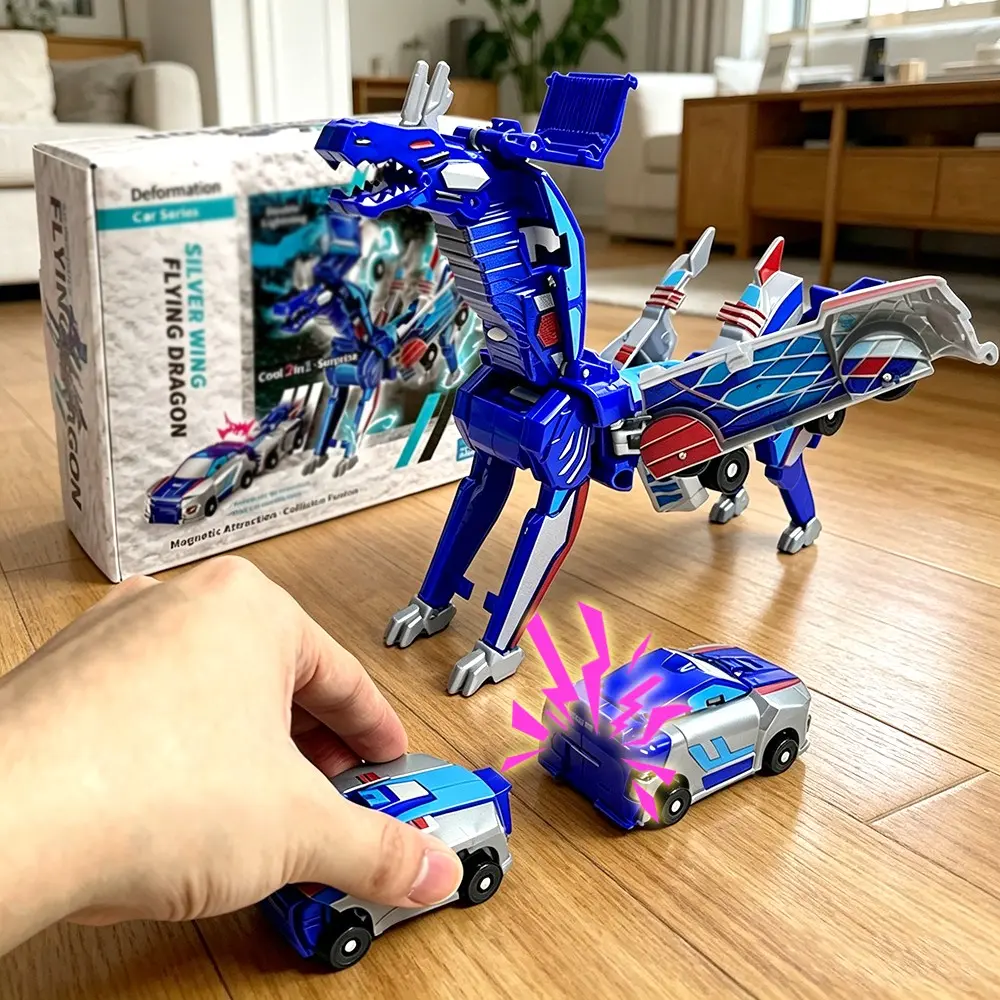 Two-In-One Magic Transforming Dinosaur Toy, Magnetic Collision Car, Auto-Transform Flying Dragon Unicorn, Stem Creative Gift for Kids