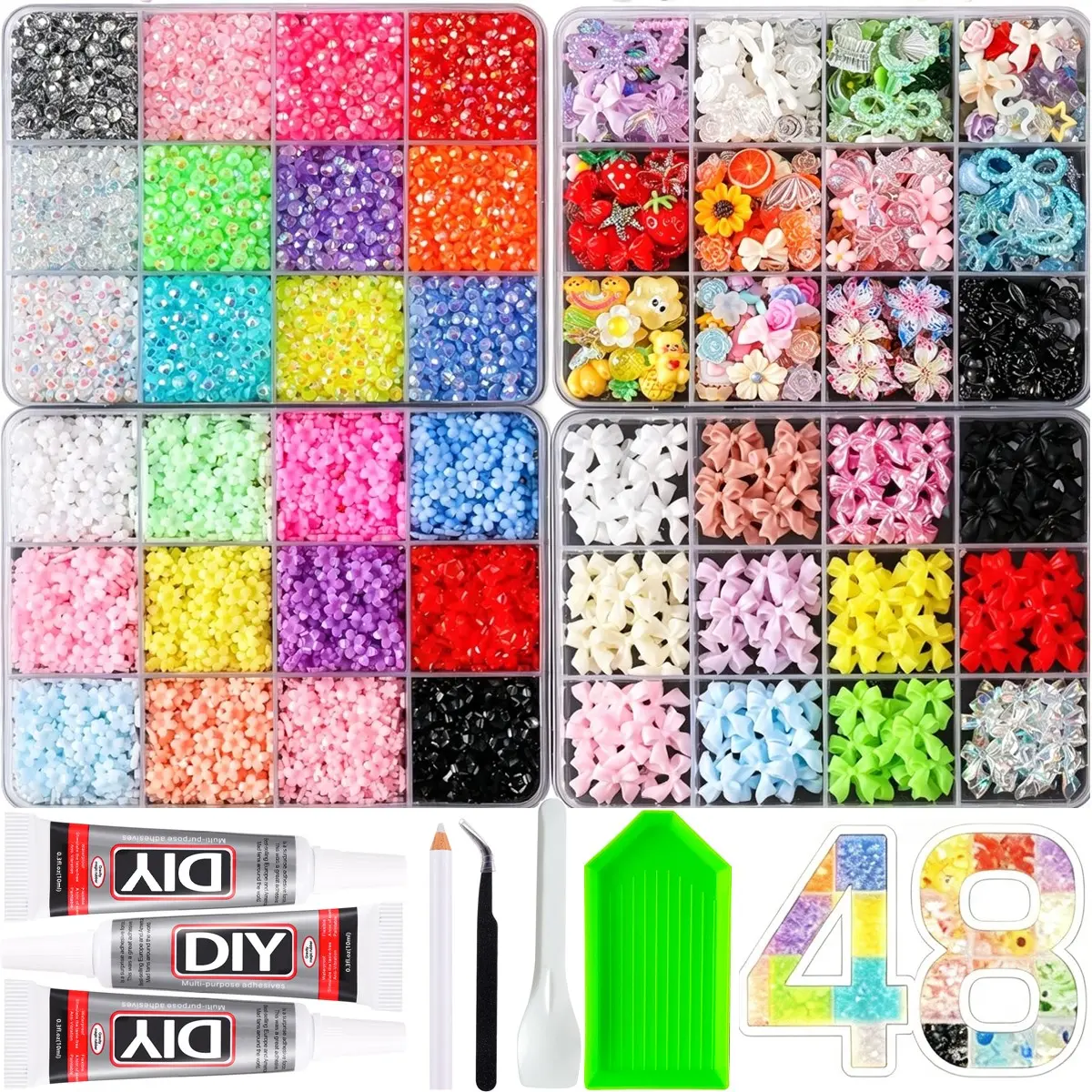 1 Set Dopamine Colored Classic Bow Semi-circular Nail Rhinestones Charms 4Boxes of 3D Mini Five-petal Flowers Creative Heart Sunflower Mixed Resin Decor DIY Nail Art Crafts