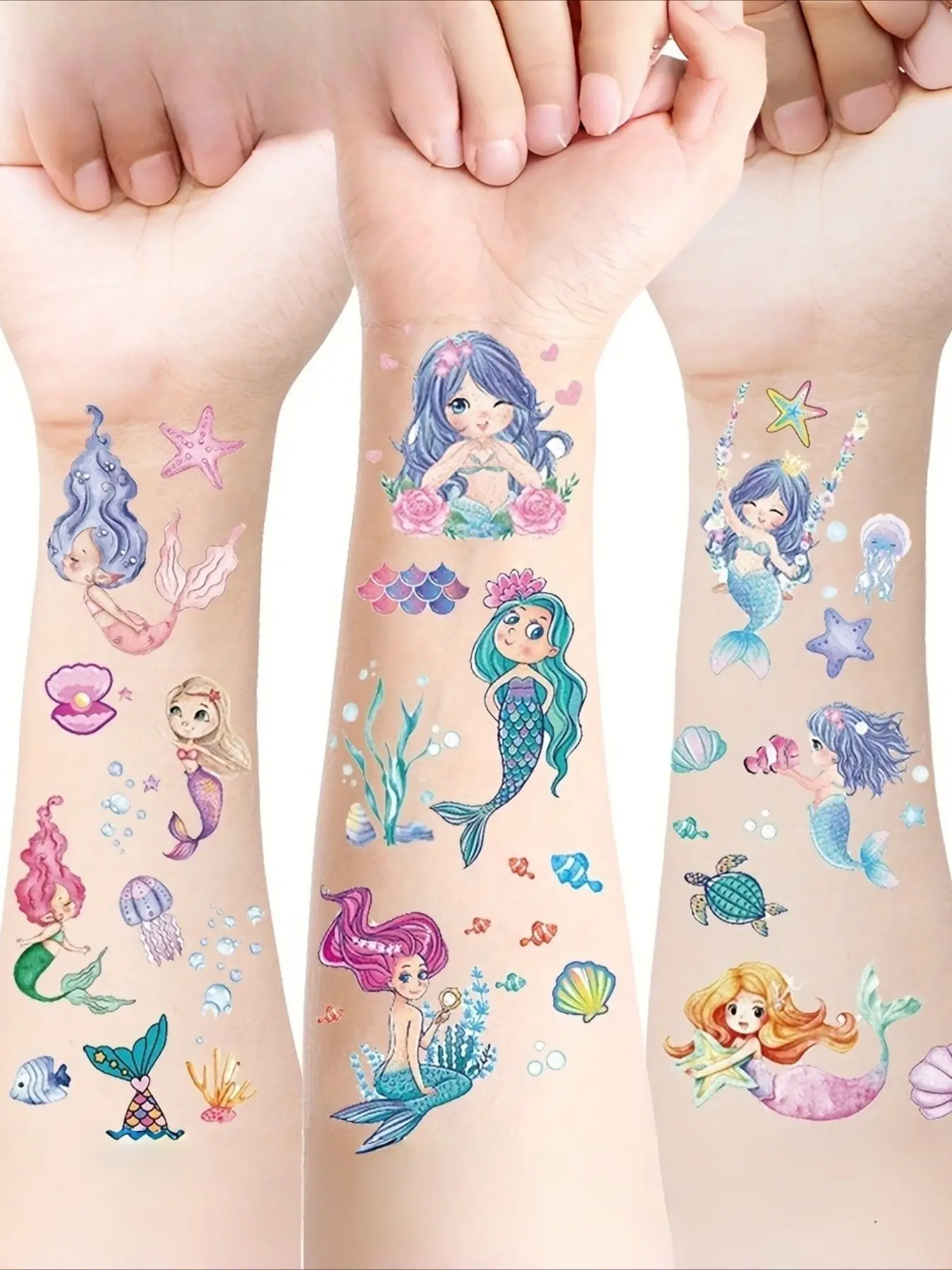 12 Sheets Waterproof Temporary Tattoos, Temporary Fake Tattoos - Mermaid, Seahorse, Ocean Fairy Body Art with Pastel Pink, Blue - Long-Lasting for Birthday, Beach Party Favors, Mermaid Events - Safe for Sensitive Light Beige - Underwater Theme Decorations