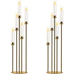 5 Arms Gold Candelabra Taper Candle Holder with Acrylic Tubes for Wedding Party Event Aisle Stage Home Table Decor (Pack of 2, L)