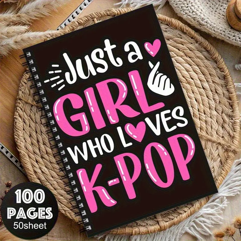 Korean-style trendy ladies' spiral notebook, black and pink color-block heart and microphone print, 100 pages with sturdy spiral binding, portable notebook for school, study, travel, and daily notes