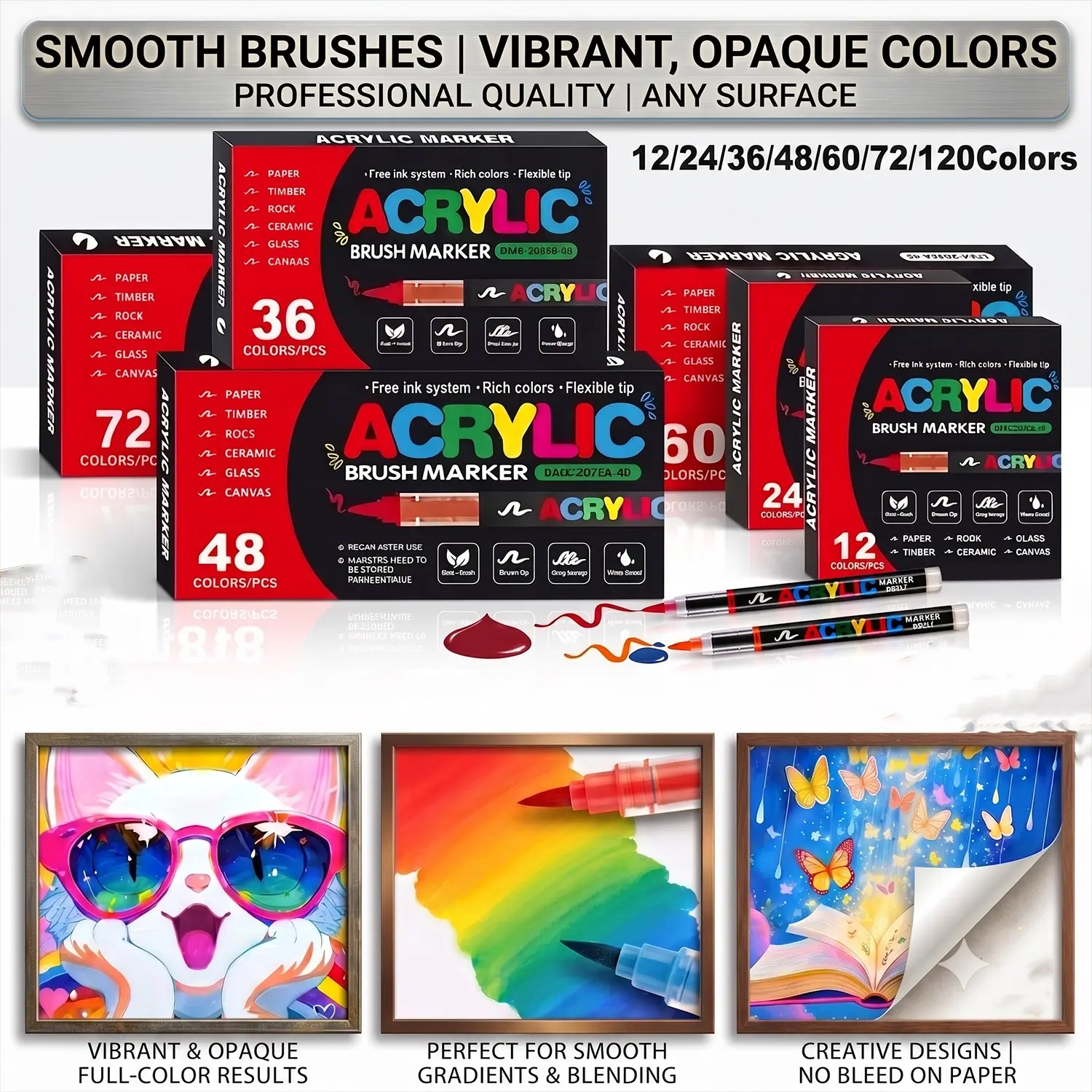 12/24/36/48/60/72/120 Colors Acrylic Paint Pens Markers Set, Brush Tip for Rock Painting, Wood Canvas Stone, Christmas Gift DIY Crafts, Art Craft Supplies