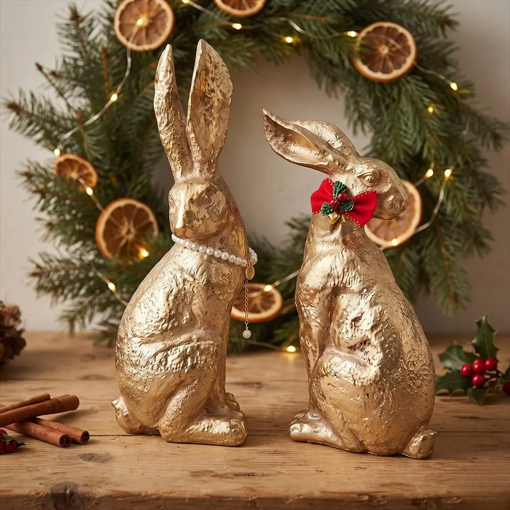 Upuilpuil Christmas Gold Hare Statues Set of 2, 12 Inch Luxury Gold Leaf Resin Bunny Figurines with Festive Bow Tie & Pearl Necklace, Vintage Holiday Fireplace Mantel Table Centerpiece Decor, Xmas Gifts Living Room & Housewarming Gift