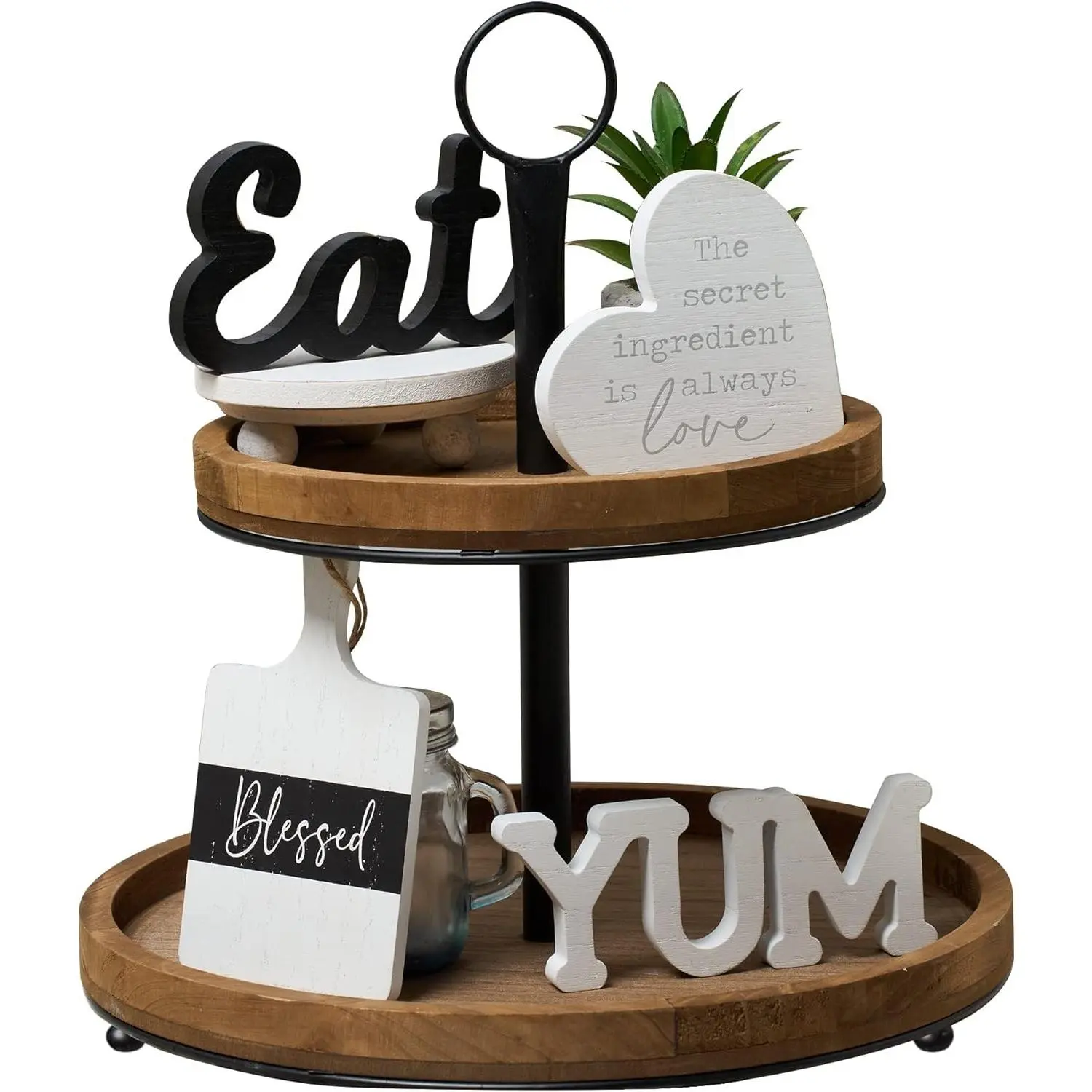 Farmhouse Kitchen Tiered Tray Decor Mini Set, Rustic Black & White 2-Tier Tray Ornaments for Kitchen Counter Dining Room Table Home Decoration