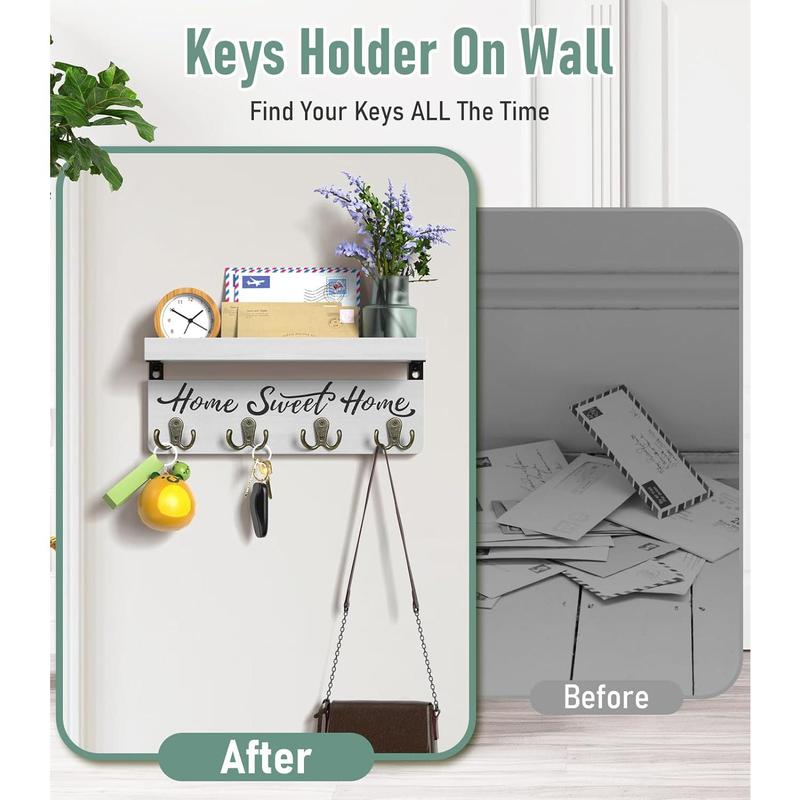 Wall-Mounted Key and Mail Holder, Wooden Key Rack with 4 Double Key Hooks, Rustic  Decor for Entryway(White)