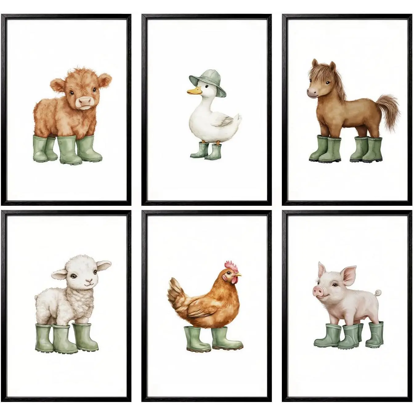 6Pcs Baby Animals Nursery Wall Art, Funny Farm Animal Picture Wall Decor, Cute Cow Duck and Horse Posters, Cottagecore Farmhouse Nursery Painting Print Artwork for Kids Room Baby Room, Unframed