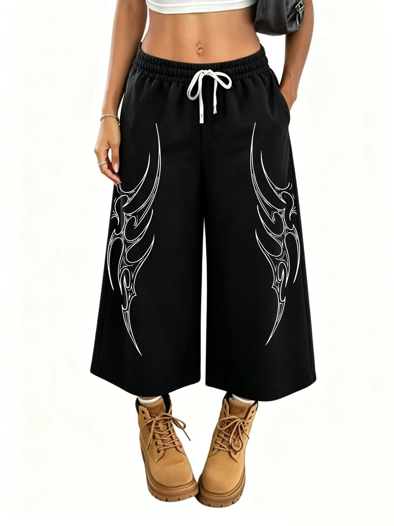 Women's Seven-Eleven Wide Leg Sweatpants, Gothic Pattern Print, Streetwear Style, Casual Loose-Fit Pants, All-Season Fashion