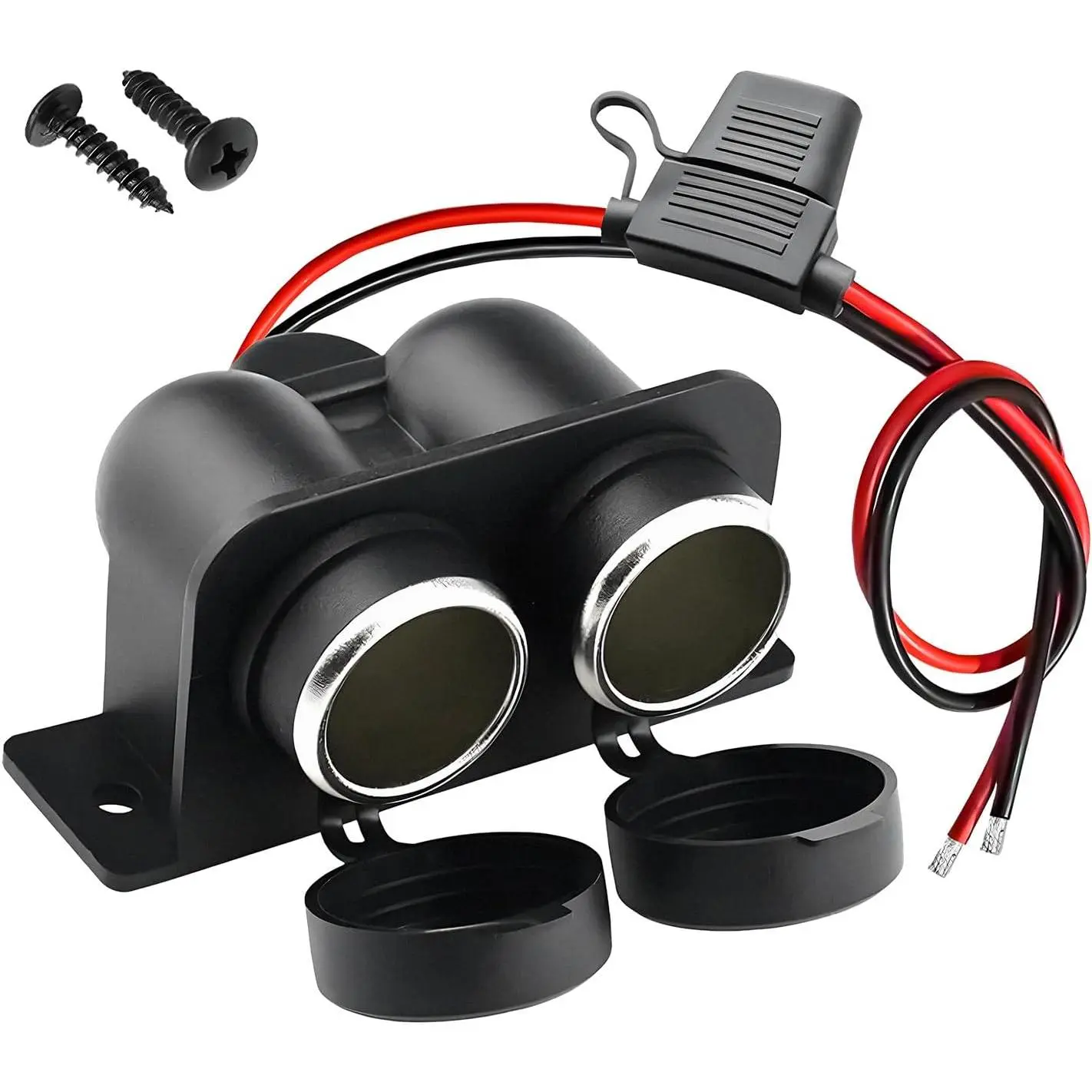 12V Waterproof Dual Plastic Plug-in Cigarette Lighter Socket Splitter with Blade Fuse, Auto Power Outlet Replacement Plug for Cars, Marine Vehicles
