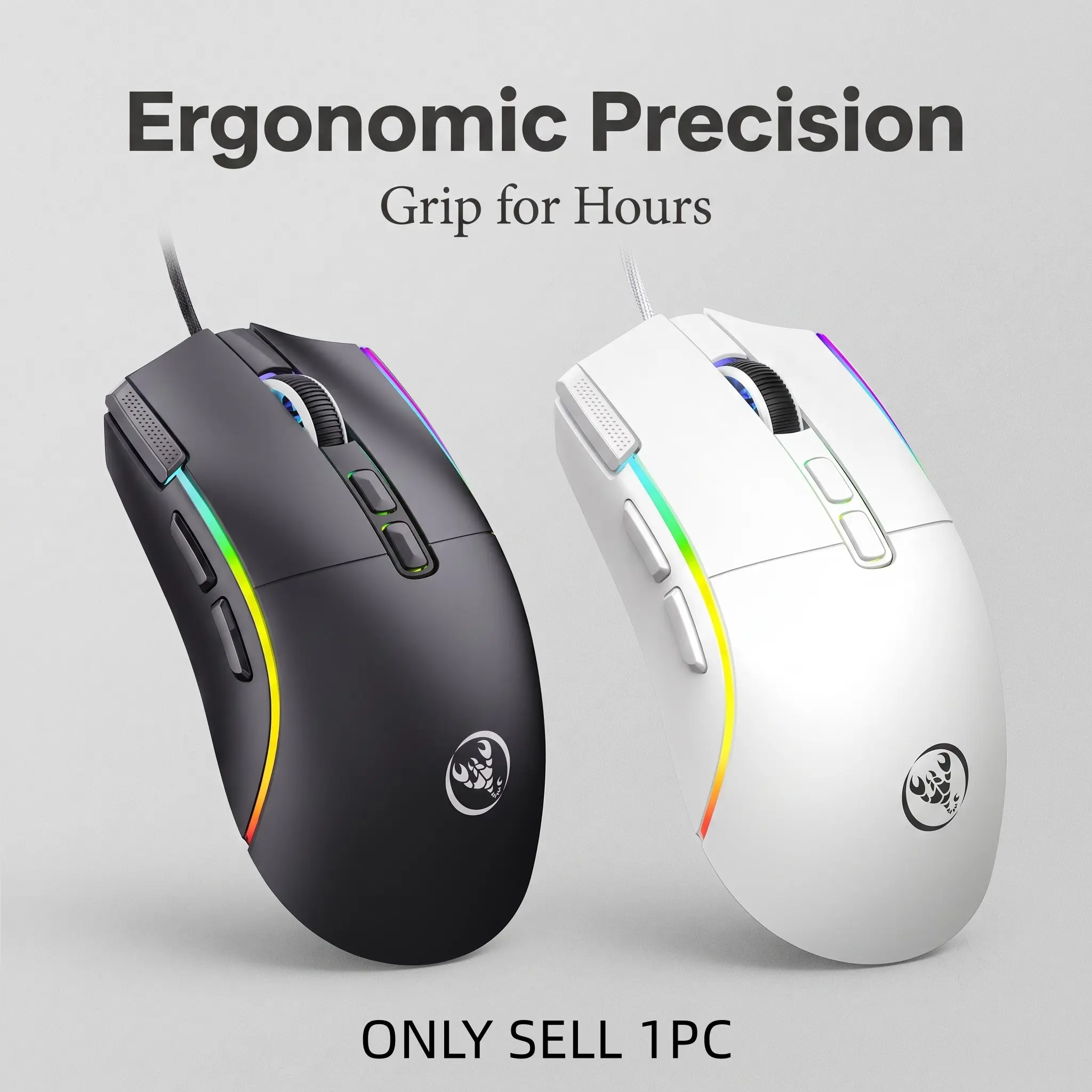 Hxsj Ergonomic Wired Gaming Mouse, 7200 Adjustable Dpi, RGB Backlight, 8 Customizable Macros, Low Latency, PC & Laptop Compatible