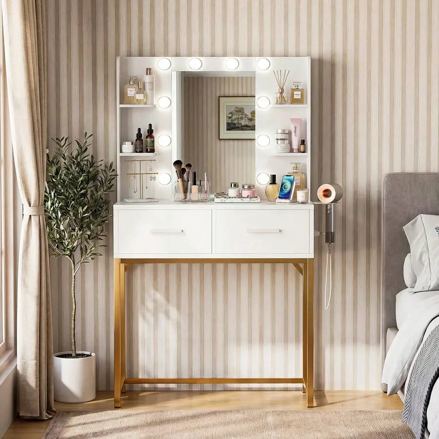 Makeup Vanity Desk With LED Lighted Mirror & Charging Station, 3 Color Modes Dimmable Dressing Table With 2 Drawers & Storage Shelves, Vanity Table With Hair Dryer Holder Bedroom