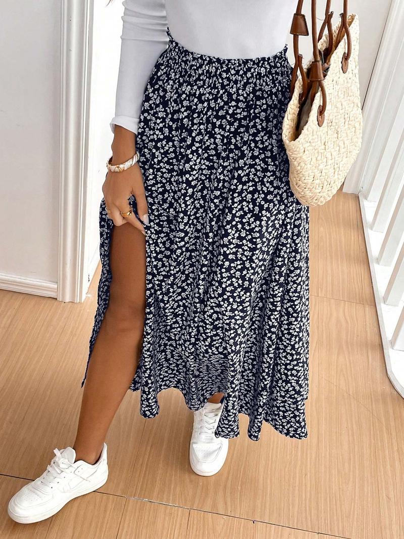【Plus Size】 Ditsy Floral Print Long Skirt, Boho Fashion Casual A Line Skirt for Daily Holiday Vacation Wear, Women Plus Clothing for All Seasons